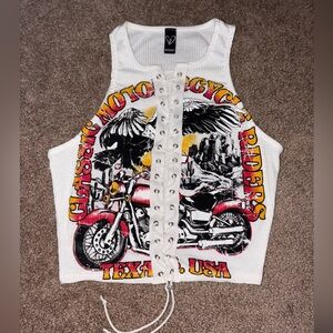White Lace-Up Classic Motorcycle Riders Texas USA Graphic Tank Crop Top Windsor